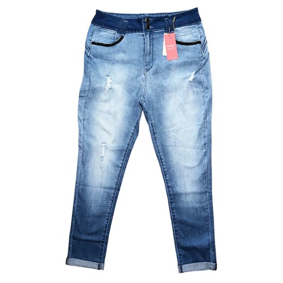 NWT Flamingals Ripped Roll Hem High-Rise Skinny Jeans Women's XL 32X30 - Picture 2 of 8